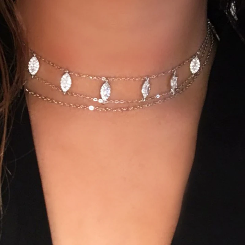100% 925 Sterling Silver Sparking CZ Wedding Engagement Jewelry Marquise CZ Double Chain Women Choker Necklace