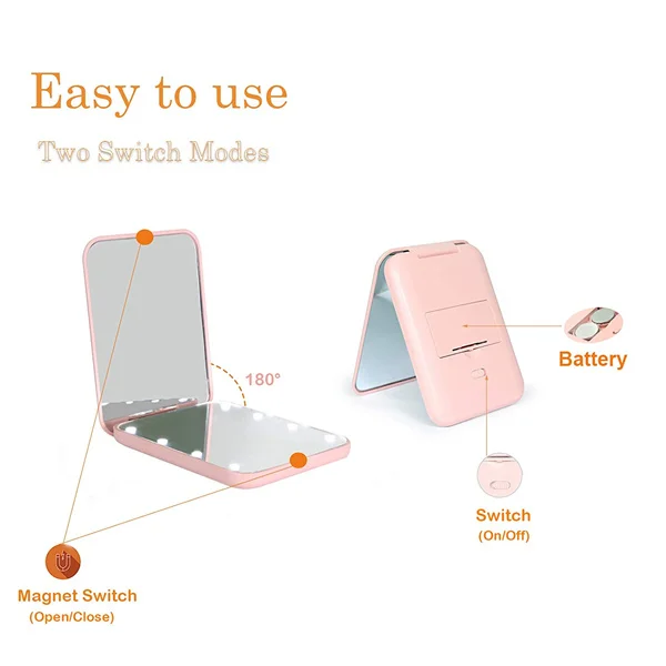 pink color square compact LED light makeup mirror