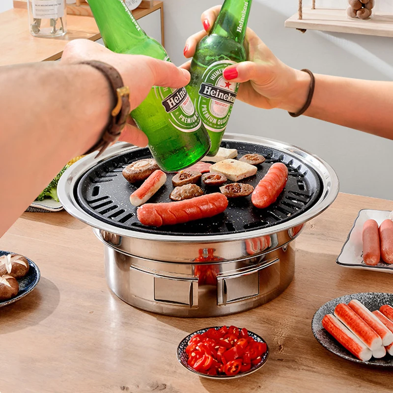 Customized Camping Outdoor Round Korean Barbecue Grill Desktop Stainless steel Roasting Pan Portable  Charcoal BBQ Grill