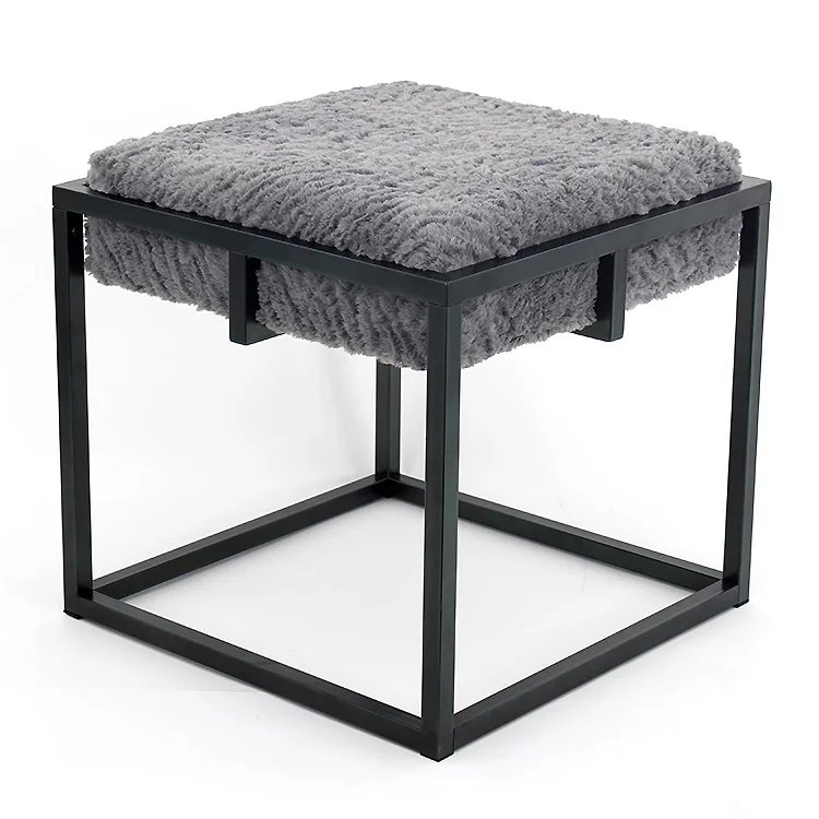 new design modern grey faux fur square footrest ottoman stool with metal frame legs