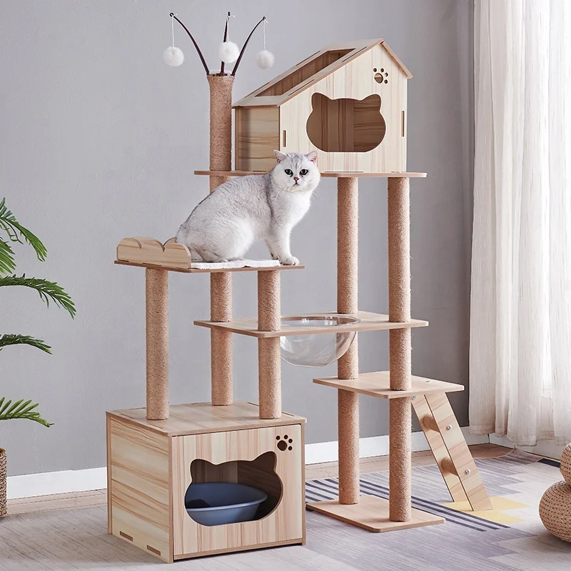 Wooden cats condo indoor pet furniture tower sisal rope scratching posts cat litter cabinet cat tree for large big catss