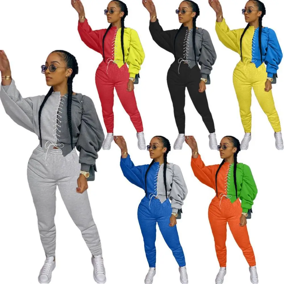 
Wholesale new ladies plus size winter clothes long sleeve patchwork bandage sweater 2 piece sets sweatsuit for women YM0120 