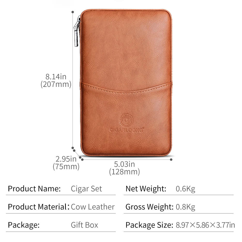 CIGARLOONG Cigar Humidor Cow Leather Set Gift Box Portable Multifunction with Cutter Lighter Drill Moisturizing