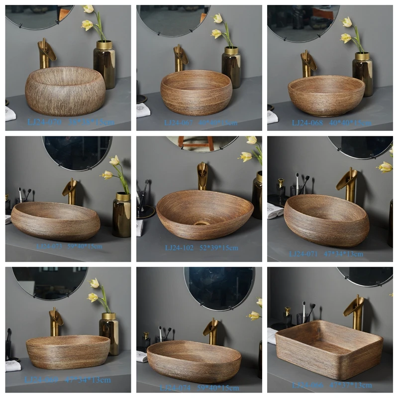 LJ24-066-074 Ceramic Bathroom Vessel Sinks Washbasin Oval Grain Wood Color Bathroom Retro Wash Basin