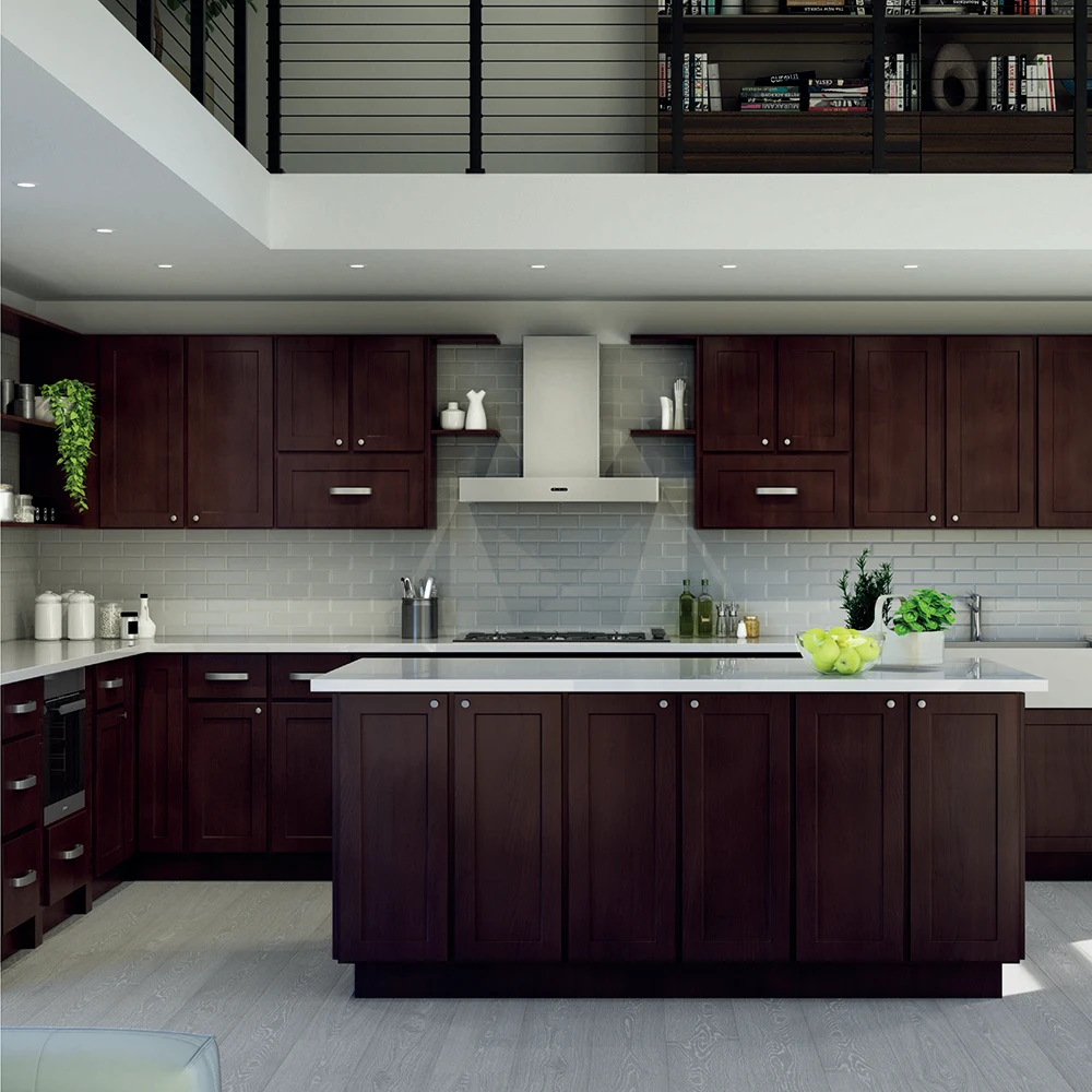 Modern Kitchen Furniture Shaker Style Solid Wood Top Quality Dark Brown Kitchen Cabinets Sets Export from Vietnam