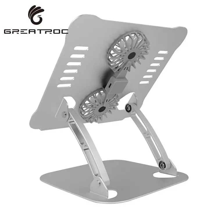 Great roc support 15.9 inch and smaller devices silver/grey stand tablet holder with 2 fans RGB light notebook stand aluminum
