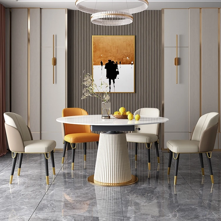 modern rotating telescopic round table light luxury rock slab expandable dining table