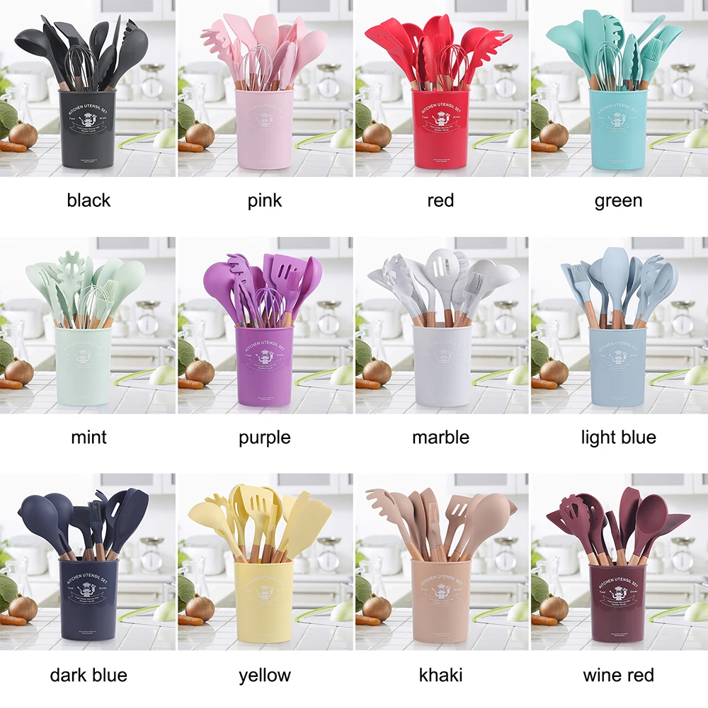 12 Pieces In 1 Set Kitchen Accessories Cooking Tools Kitchenware Cocina Silicone Kitchen Utensils With Wooden Handles
