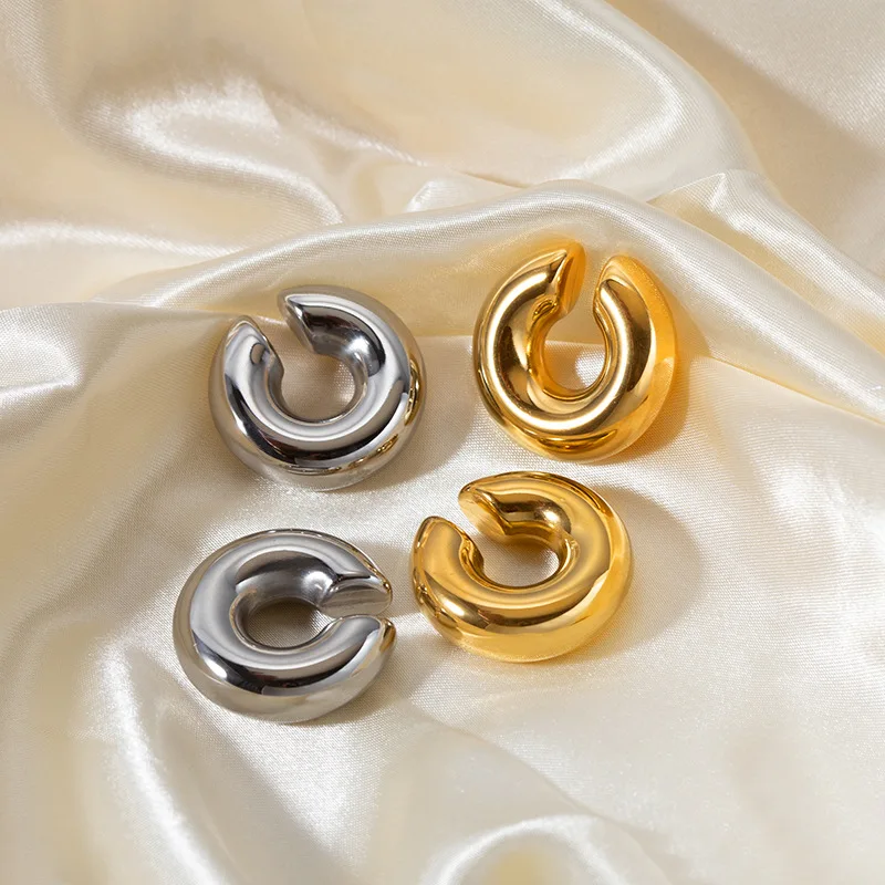Stainless Steel 18K Gold Plated Big Hoop Earring Trendy Clamp Cuff Clip on Earrings Jewelry