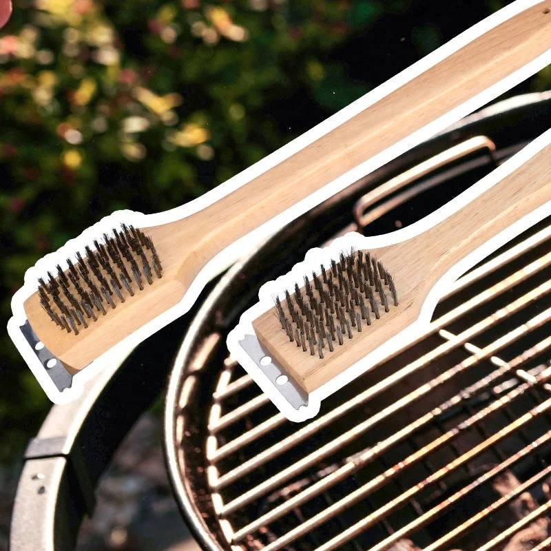 Durable BBQ Tools Stainless Steel Wire Bristle Grill Accessories Scraping Brush With Wood Handle