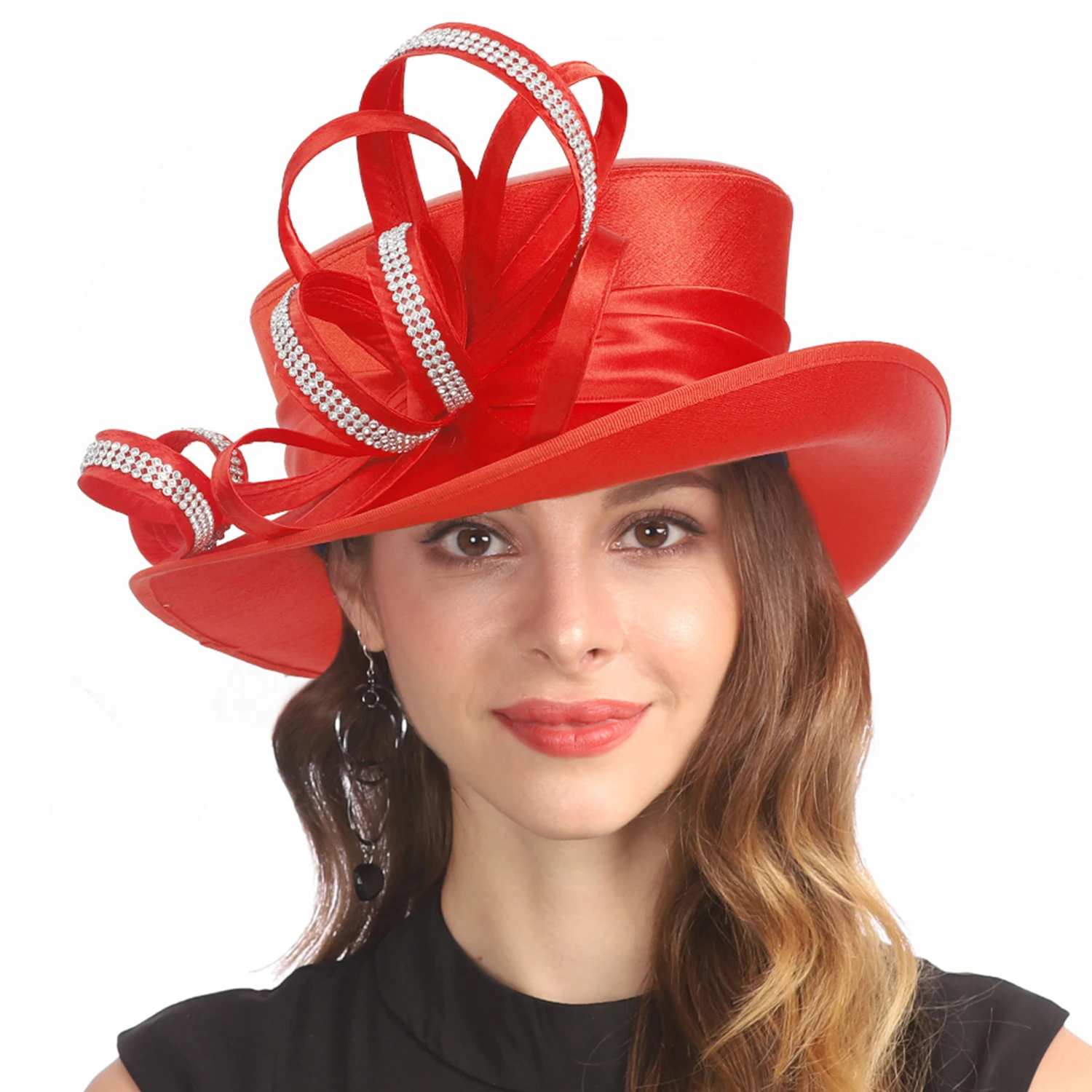 Wholesale Fancy Women Dressy Satin Formal Wedding Derby Hair Fascinator Church Hats w/ Diamonds Champagne Gold SD718