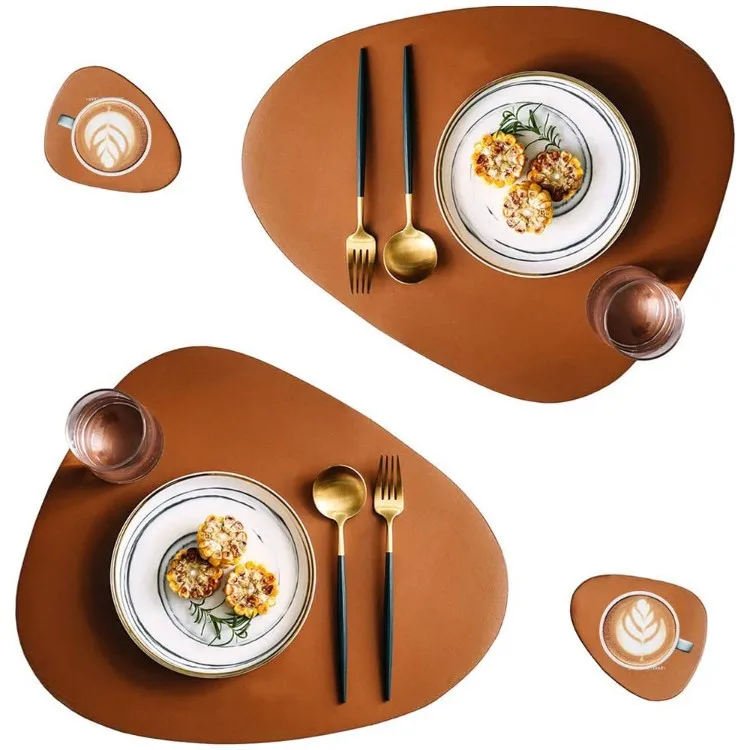 Faux Leather Placemats and Coasters Set, Round Leather for Dinner Table Mats Heat Resistant Non-Slip Washable Place Mats