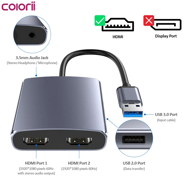 Colorii U2H USB A TO dual HDMI 1080P display Dual Monitor Display Adapter compatible on win and