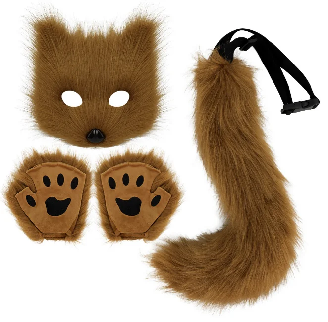 ecoparty  Fluffy Fur Fox Tail Keychain Cat Paws Gloves And Wolf Therian Mask Set For Halloween Cosplay Costume Accessories Sets