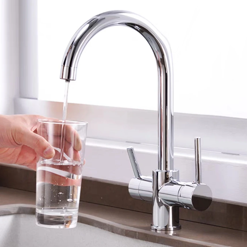 Dual Handle Deck Mount Waterfall Kitchen Faucets Brass Cold Hot Kitchen Sink Mixers