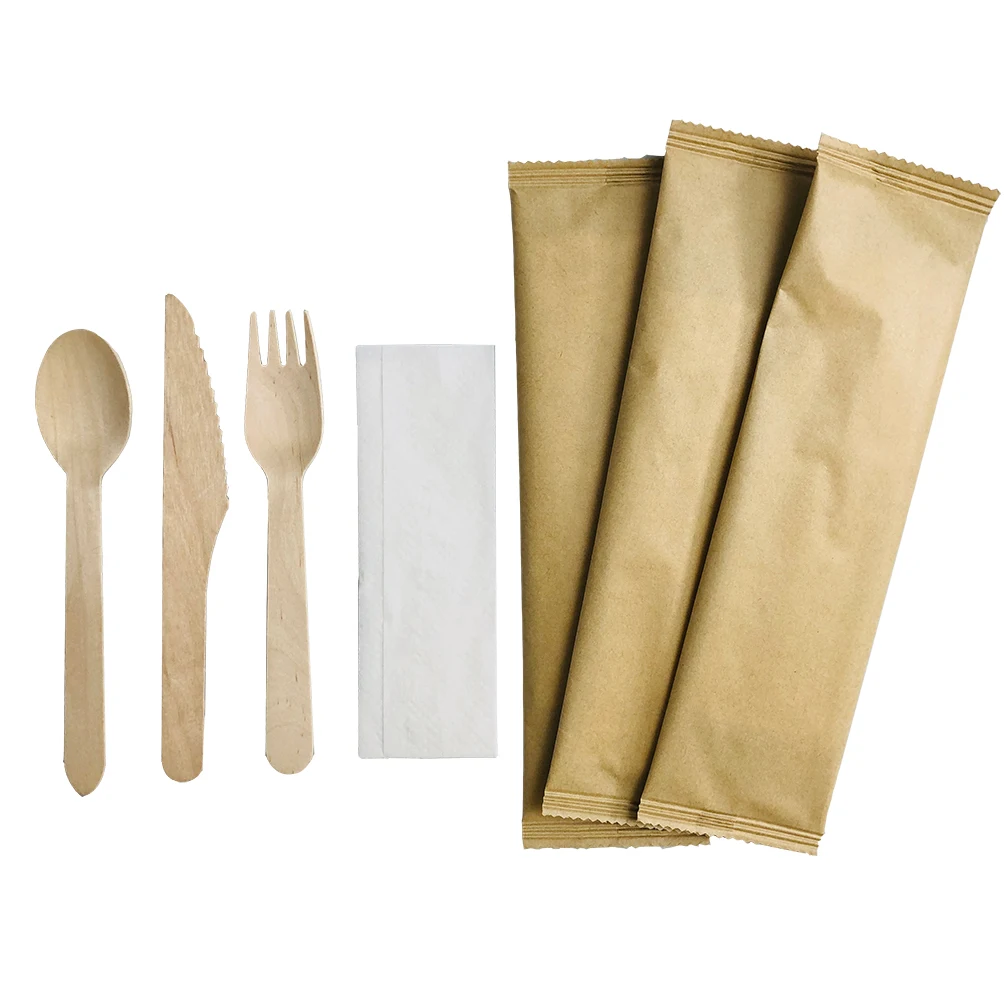 China Supplier paper wrapped cutlery kit wooden spoon set wood fork knife and napkin