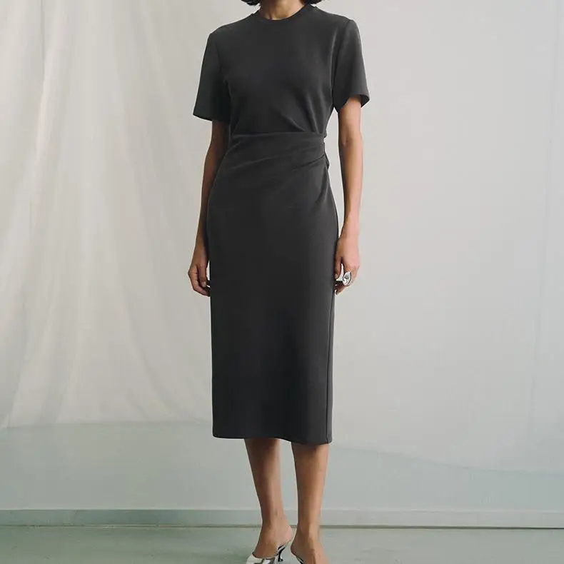 Wholesale Customizable Summer Midi Long Hollow out Blended Fabric Blank T Shirt Anti-Static and Anti-Wrinkle Dress for Women
