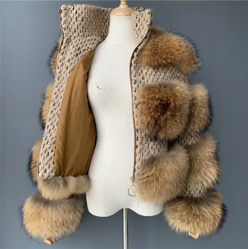 New Fashionable Woman Jacket Fur Real Raccoon Fur Jacket Fluffy Big Raccoon Fur Collar Coat