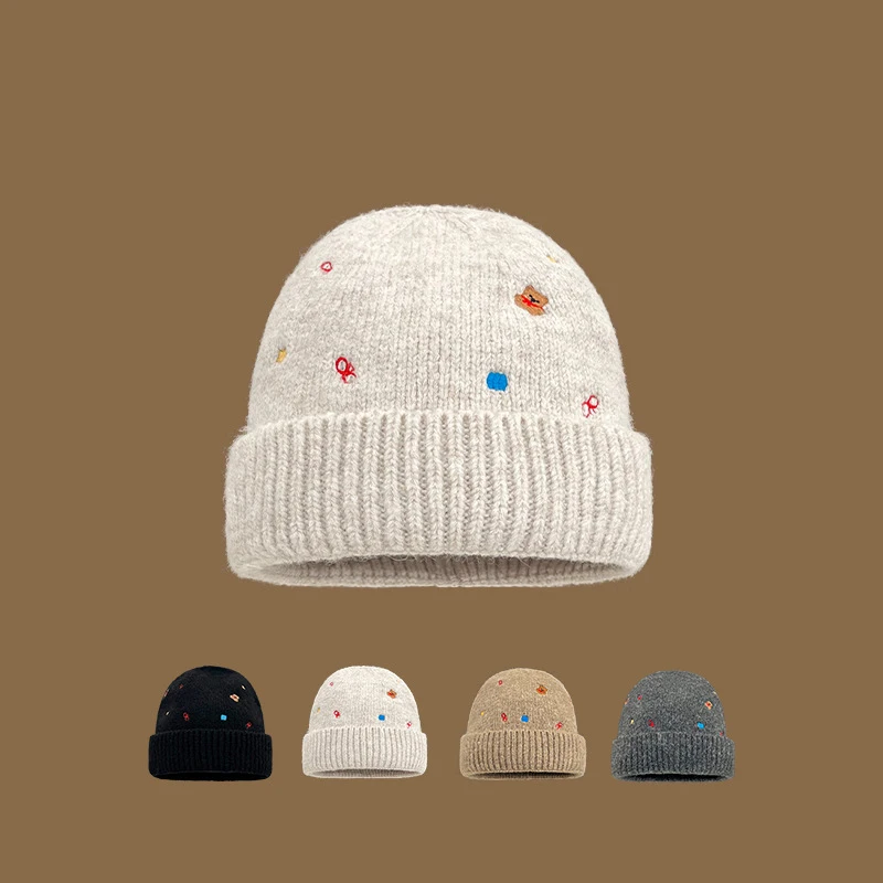 Autumn Winter 100% Cotton Beanie Cap Solid Color with Rainbow Heart Cloud Embroidery Warm Winter Beanie Knitted Hat for Daiily