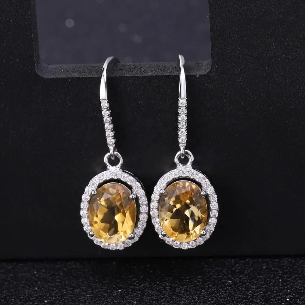 N0074 Abiding Cubic Zirconia Halo Natural Citrine Stone 925 Silver Pendant Earrings Ring Set For Bridal