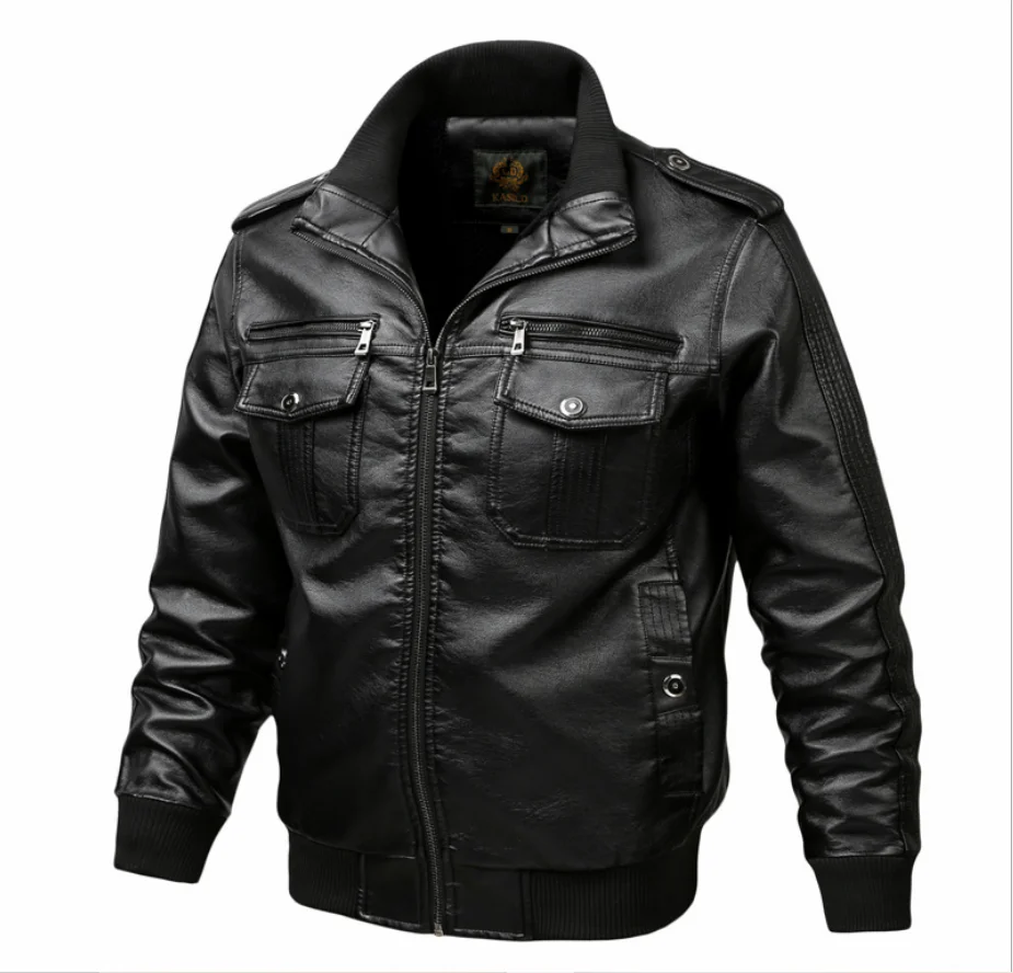 New style stand collar multi pockets windbreaker genuine jacket men clothing men bomber leather jacket