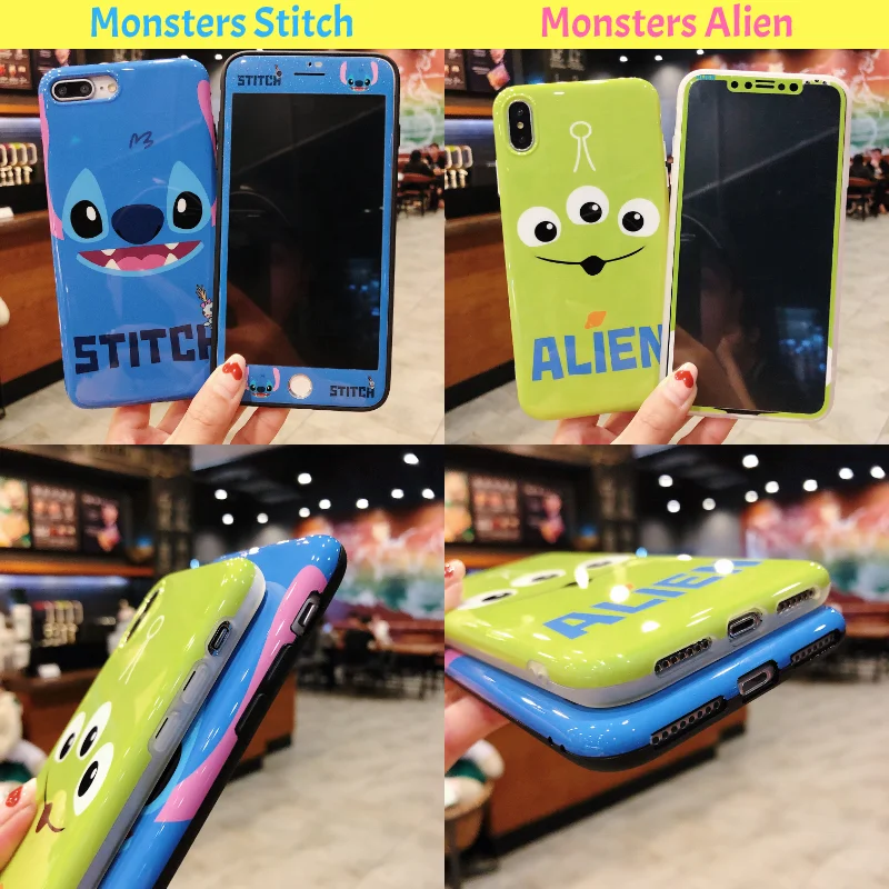 Cute cartoon monster design doraemon stitch luffy tpu soft phone case and protective glass for iphone