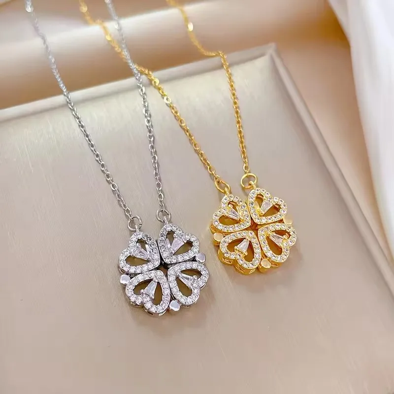 High Quality Silver Necklace Cubic Zirconia Pendent Dainty 18k Gold Plated  Four Leaf Clover Silver Necklace