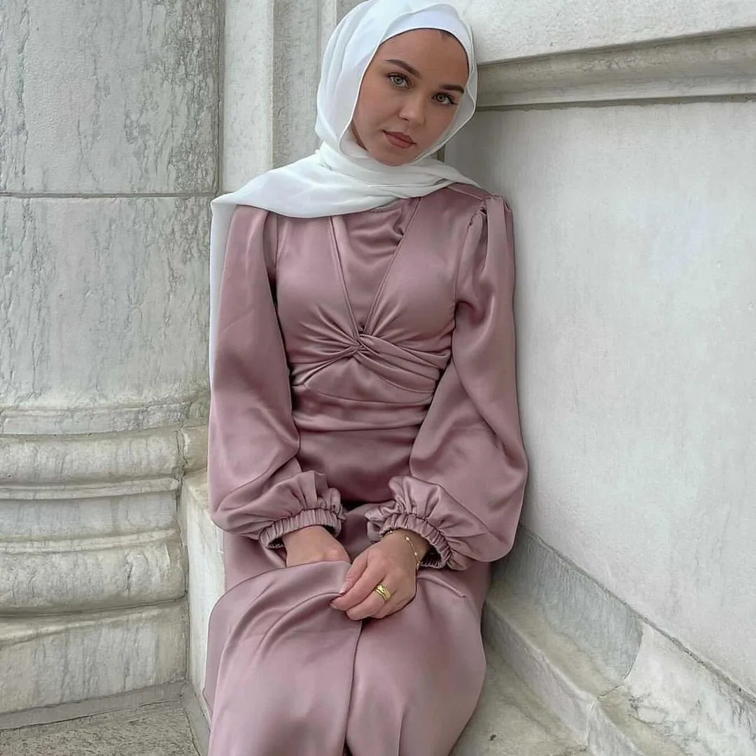 Wholesale Soft Satin Jilbab Dubai Hijab Dress For Women Eid Solid Bandage  Long Sleeve Moroccan Oman Kuwait Muslim Clothes