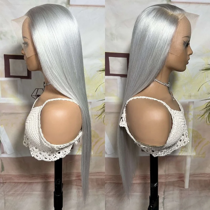 ISEE Silver Grey Straight Lace Front Wig Pre Plucked Transparent Swiss 13X4 Lace Frontal Colored Human Hair Wigs For Black Women