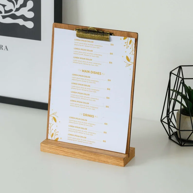 Table Stand and Menu Board for A5 or A4 sheets Wooden Table Sign Store Display Menu Board Clipboard Set Writing Pads