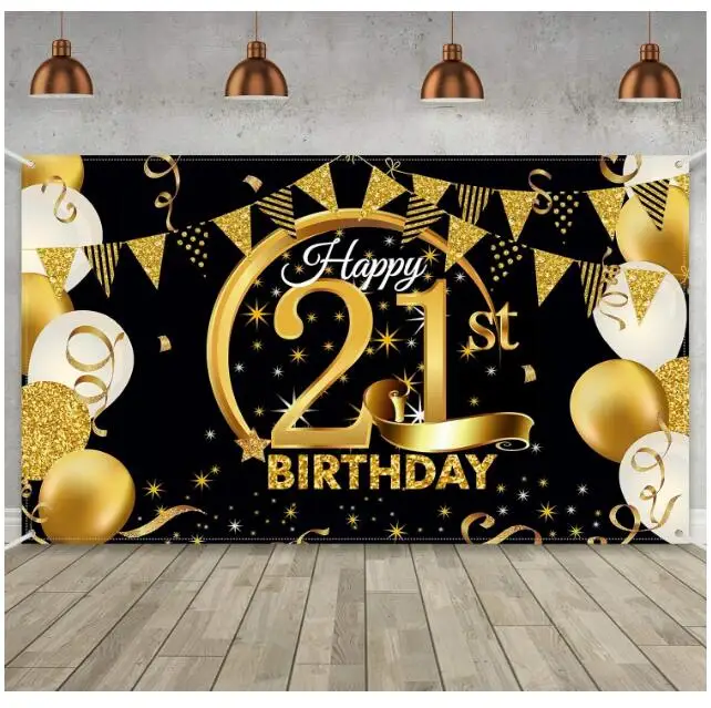 High Quality Black Gold Extra Large Fabric Happy 21st Birthday Sign Poster for Birthday Party Supplies