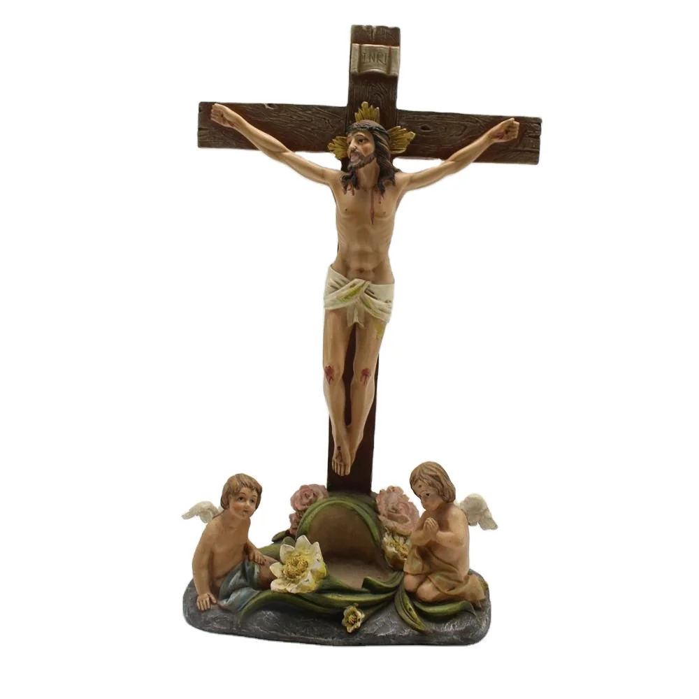 Factory Produce Suffering Jesus Cross Resin Catholic Religious Statue, Children stand Jesus Nailed On The Cross For Desk Decor