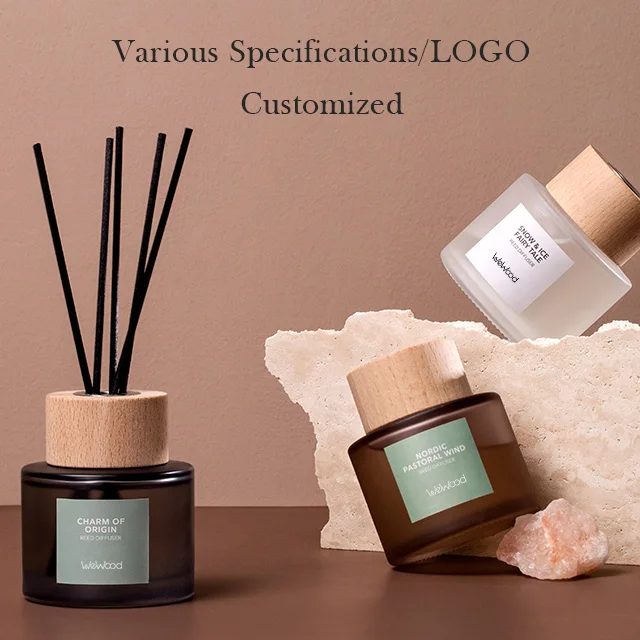 Vietnam Custom Printed Fragrance Wooden Cap Empty Reed Glass Diffuser Bottles And Box With Sticks