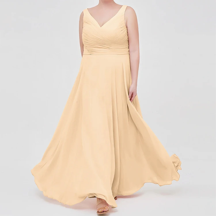 Simple V Neck A-line Floor-length Pleated Long Sleeveless Gown Chiffon Plus Size Bridesmaids Dress With Bow