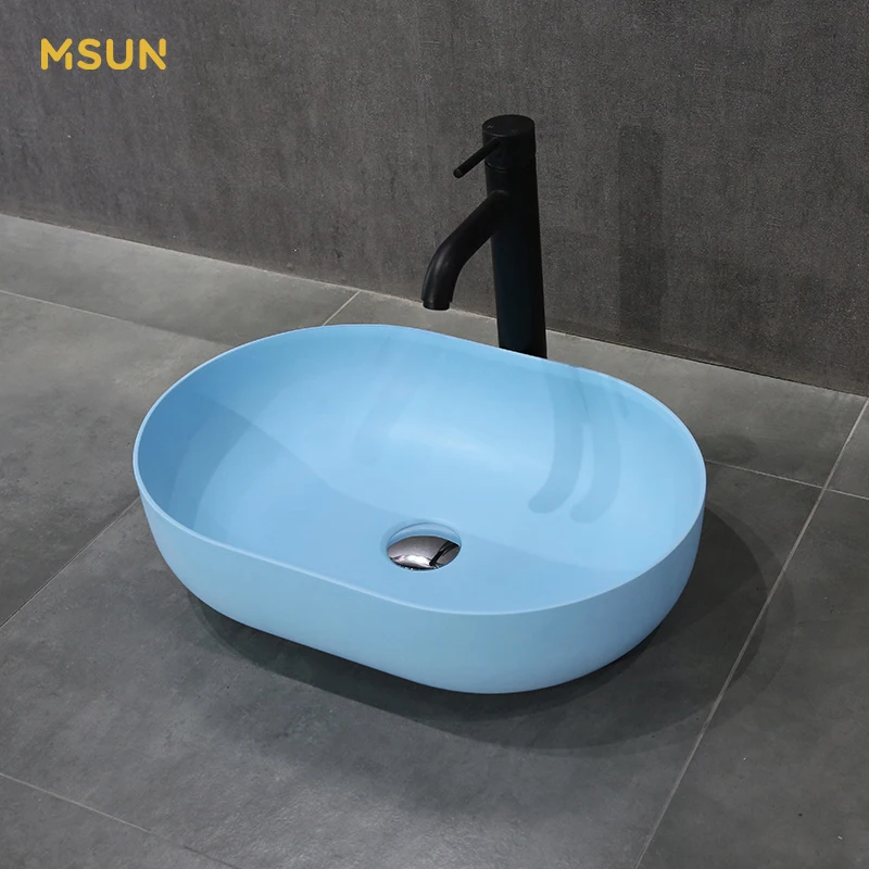 Bathroom Wash Combo Kit Tempered Solid Surface Basin + Waterfall Soild Brass Faucet Blue Sink Set With Pop Up Drain