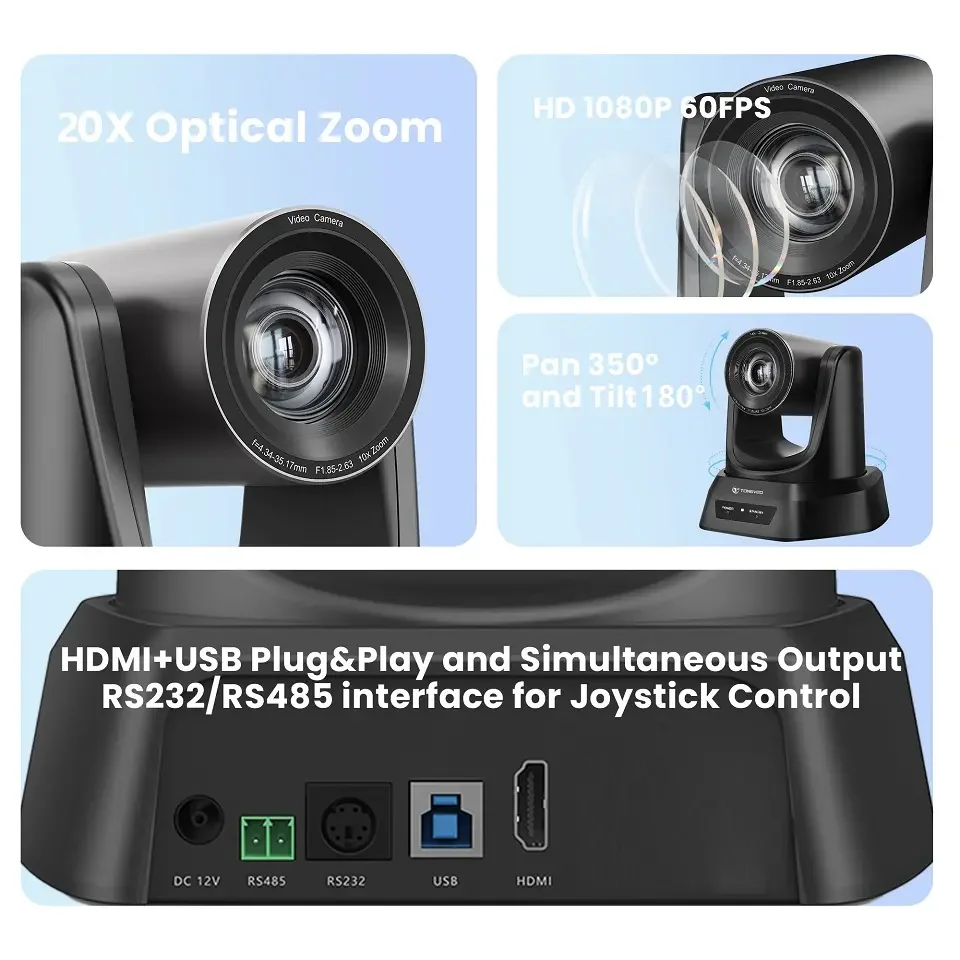 Live Streaming PTZ Camera 20x Zoom USB HDM1 Conference PTZ Camera and Joystick Controller with RS232 485 Ports