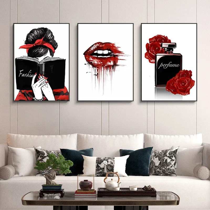 Women Them Amazon Red Lips Perfume Canvas Painting Bed Room Decor Wall Art Inner Frame Paintings