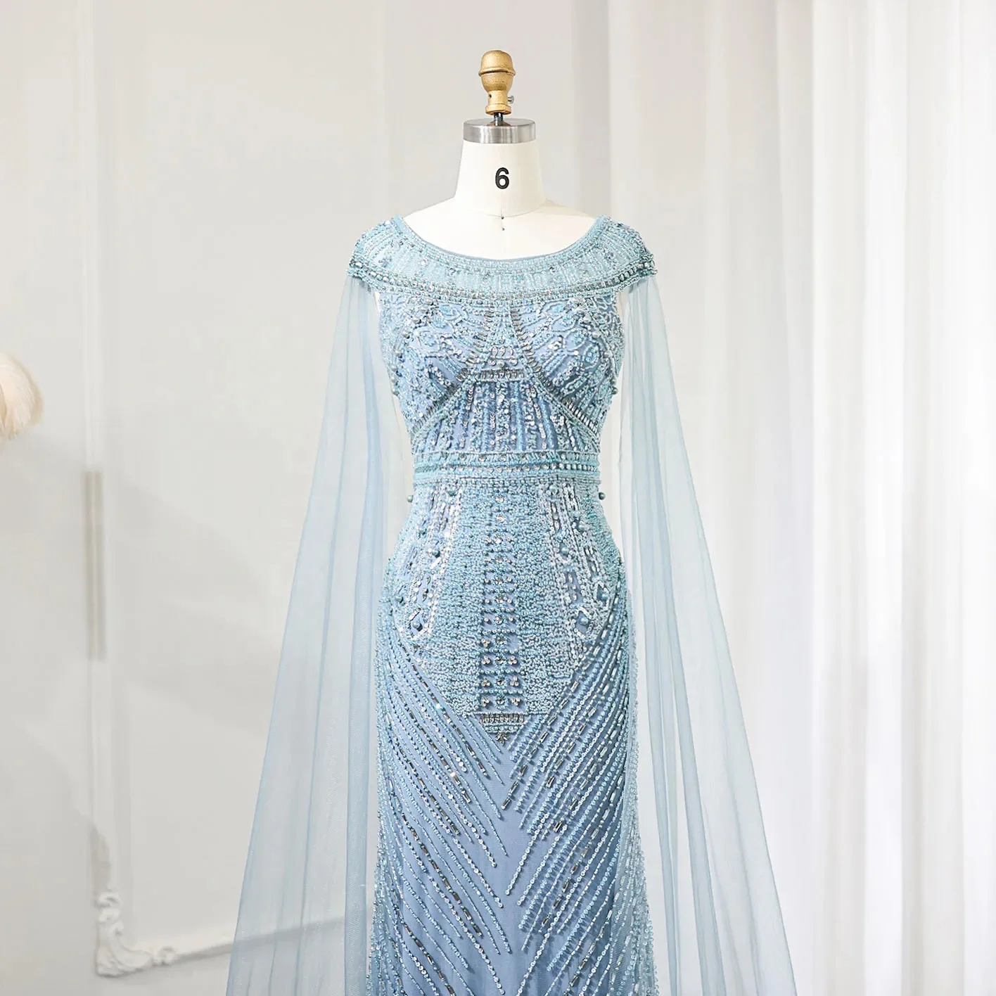 Ruolai ASA-SS516 Luxury Blue Slim Evening Party Prom Dresses With Shawl