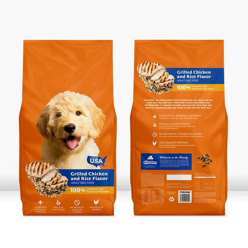 Custom Dry Pet Food Packaging Bag Dog Food 20 kg Bags Ziplock Aluminum Foil Plastic Flat Bottom
