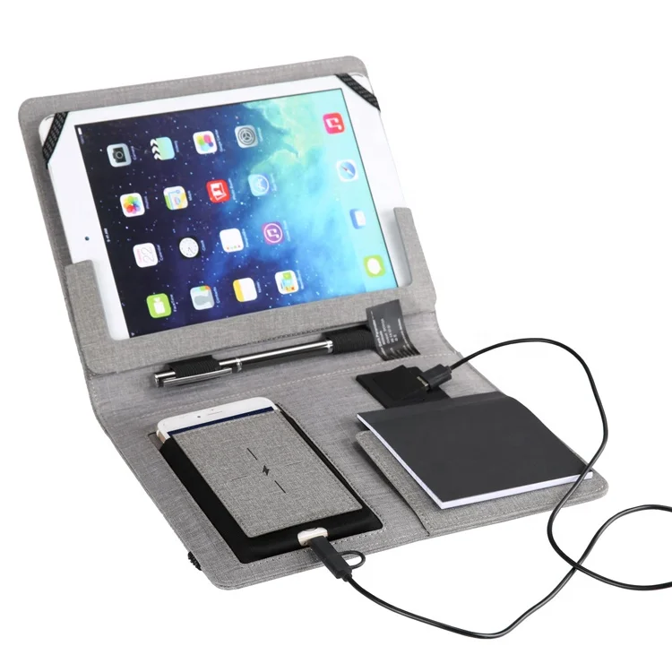2020 Hot Sale PU Leather Expanding Padfolio with Power Bank and Wireless Charger for Business