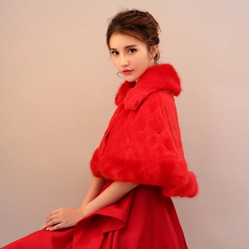
Red short thick fur collar shawl new bride wedding accessories wholesale hot winter new plush shawl 