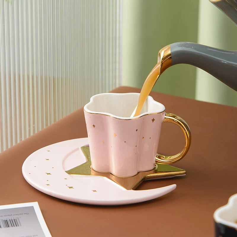 Eco Friendly Porcelain Coffee Cup Gold Decor Ceramic Tea Cups And Saucer Set