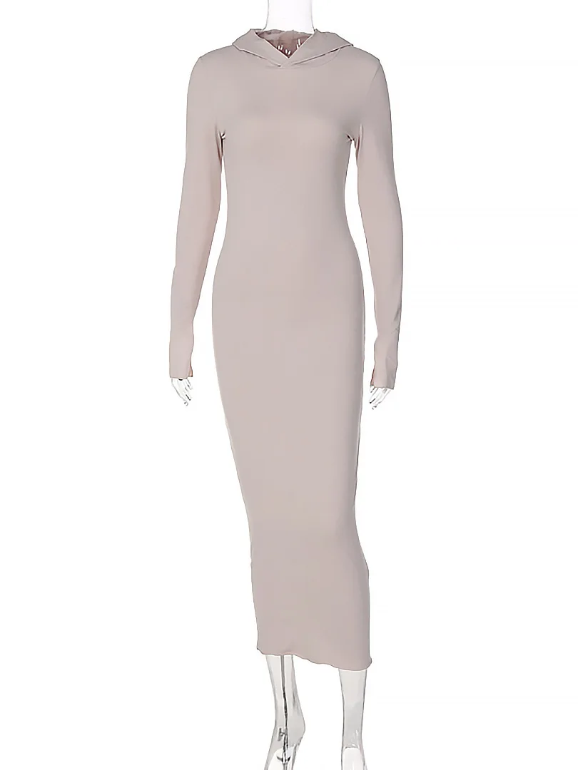 Solid Hooded Casual Soft Midi Dress Women 2022 Long Sleeve Autumn Winter Clothes Wholesale Boutique Elegant Apparel