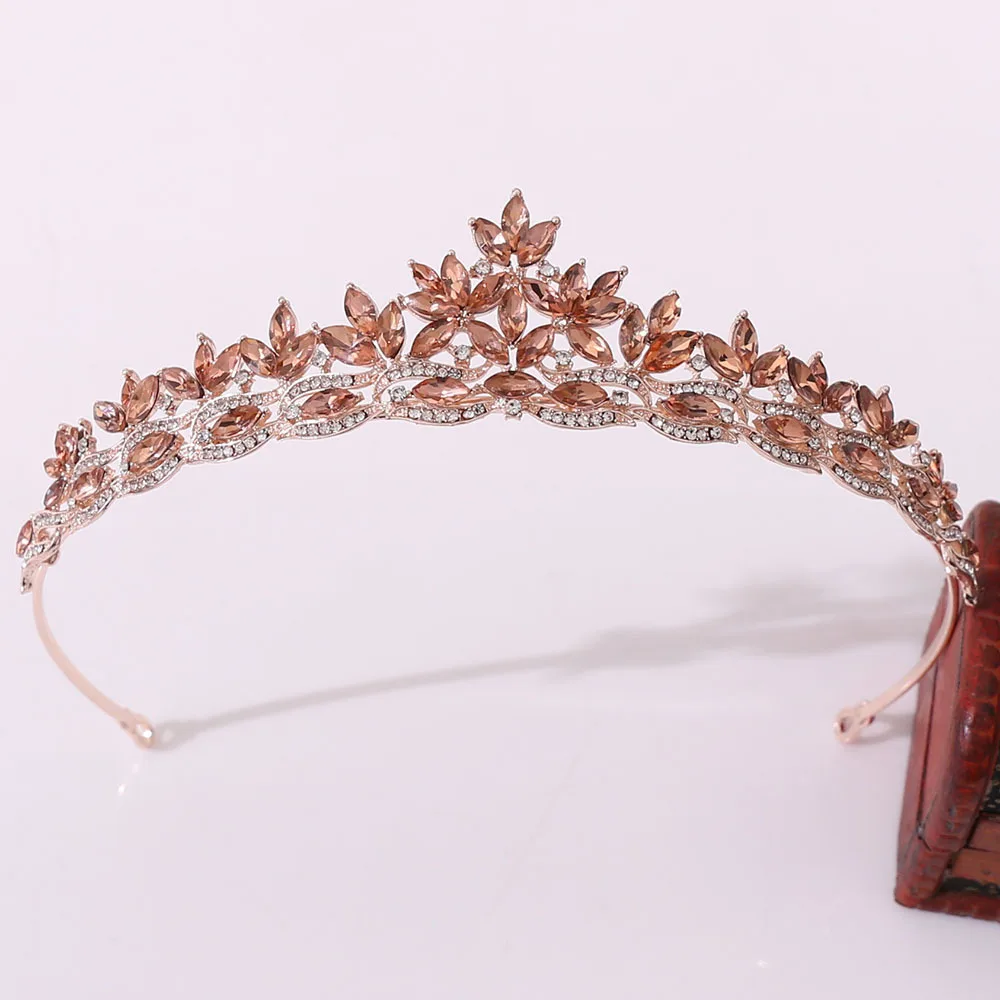 Bridal Korean Diamond Festival Tiara Gold Wedding Birthday Leaf Gemstone Tiara Headband Pageant Crowns Custom Made Tiara