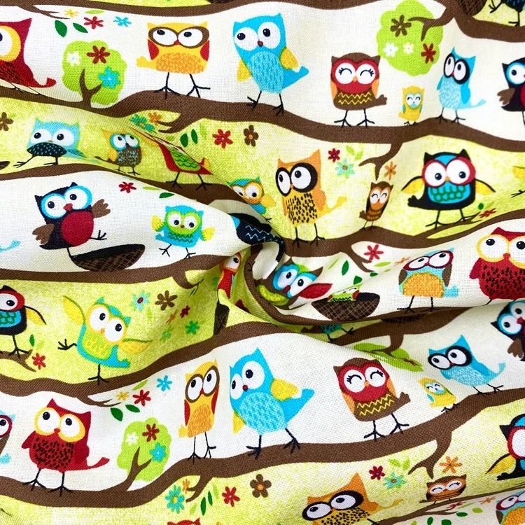 Soft comfortable cartoon animals owl design woven organic 100% cotton poplin print fabric for baby kids children