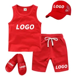 Custom Logo Children Clothing Set Kids Boys Summer Sports Casual Short Sleeve Clothing Sets Solid Color Girls T-shirt Set