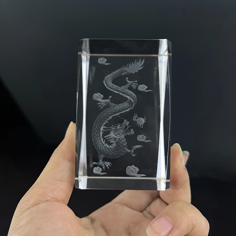 Etched Dragon Crystal Block paperweight MH-F0165