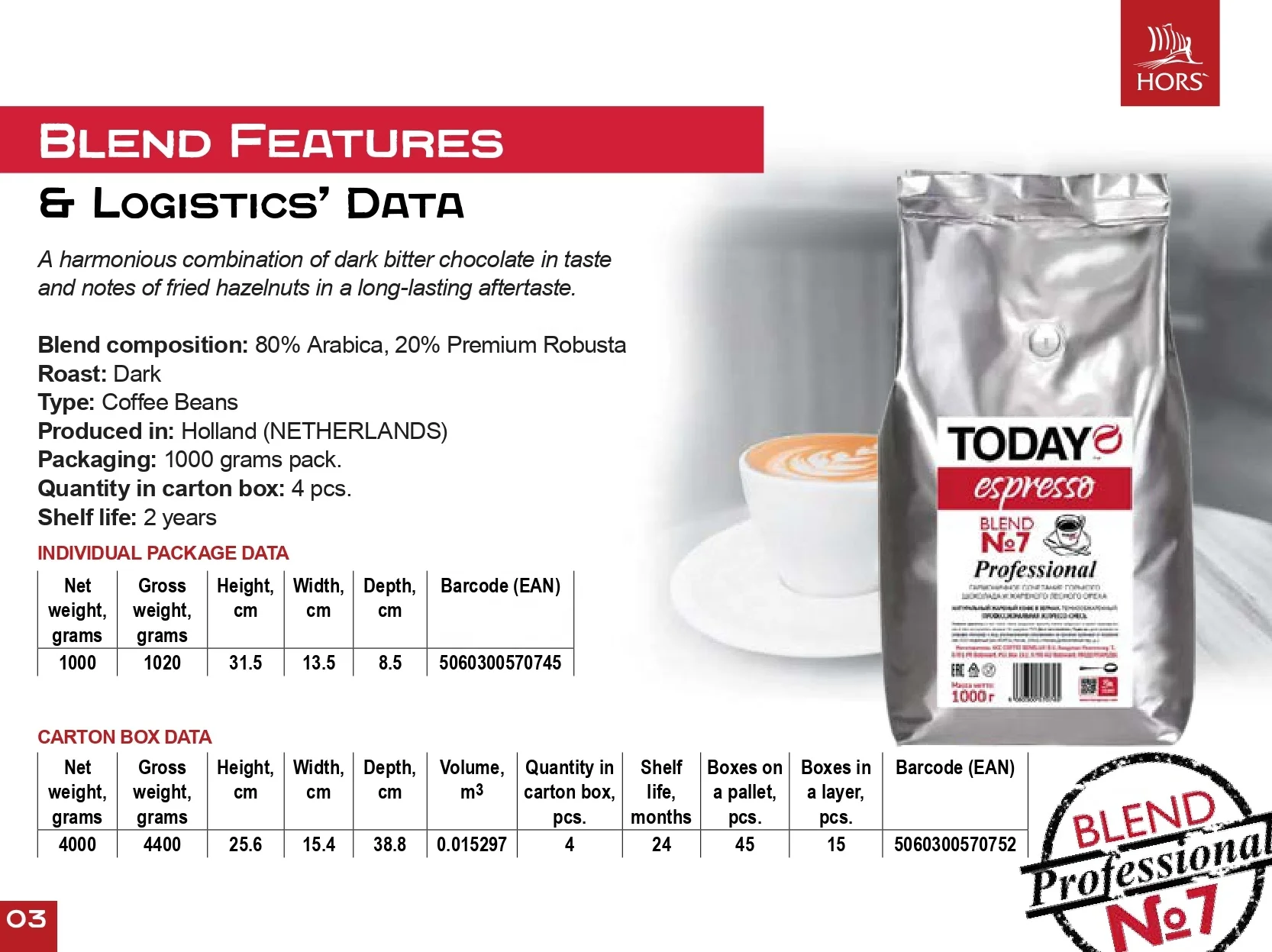 Today Espresso 80/20 Arabica/Robusta Columbian  roasted coffee beans 1 kg pouch for horeca vending