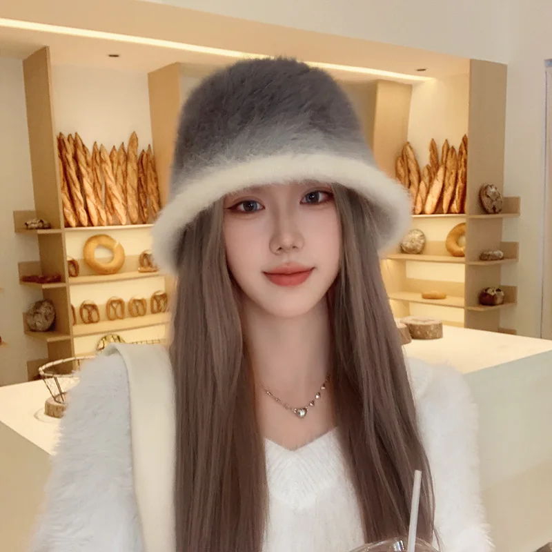 Gradient Rainbow Rabbit Fur Bucket Hat Fashion High-end Women Autumn Winter Warm Plush Fur Hat for Woman