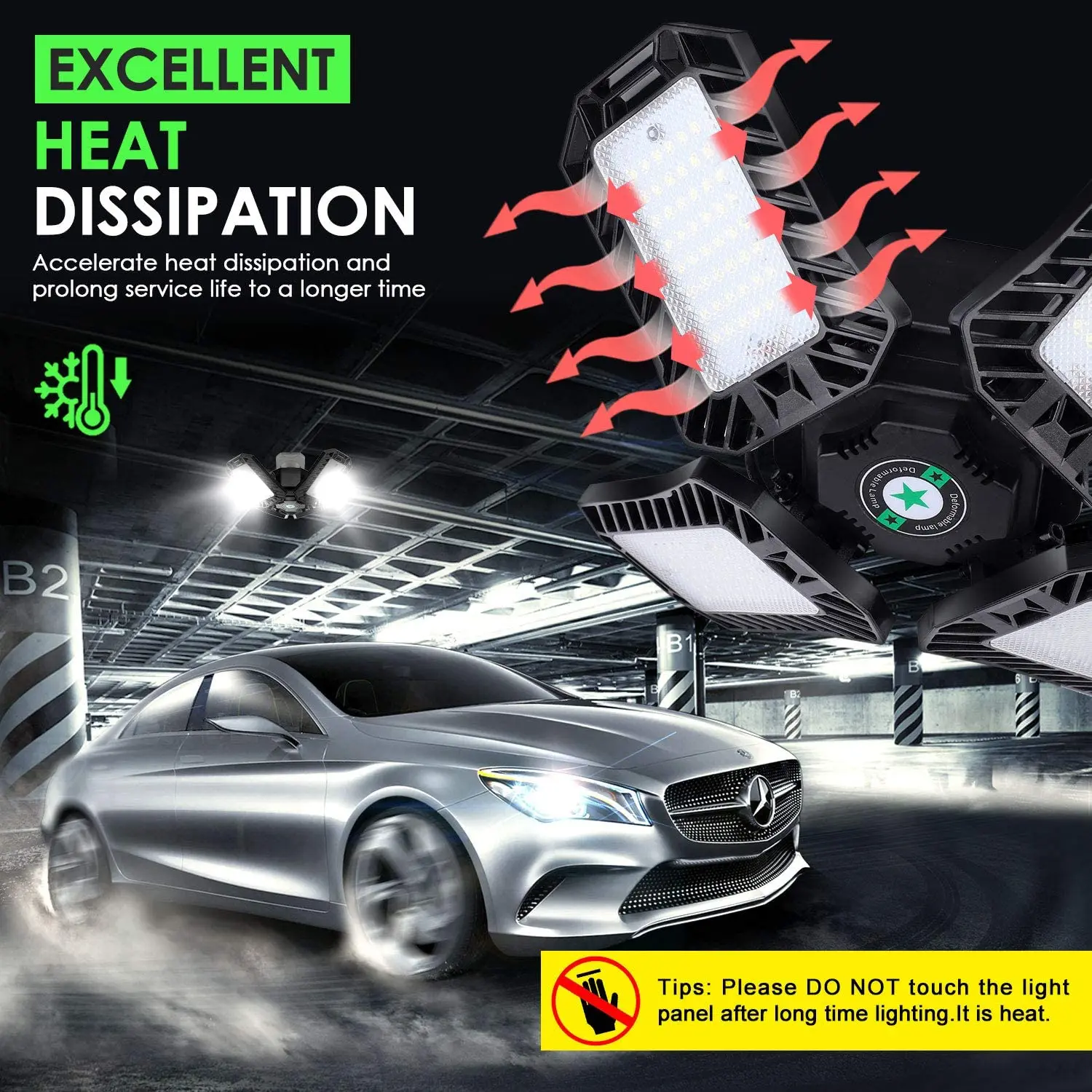 Low consumption 120W plastic deformable garage lamp with 4 adjustable panel